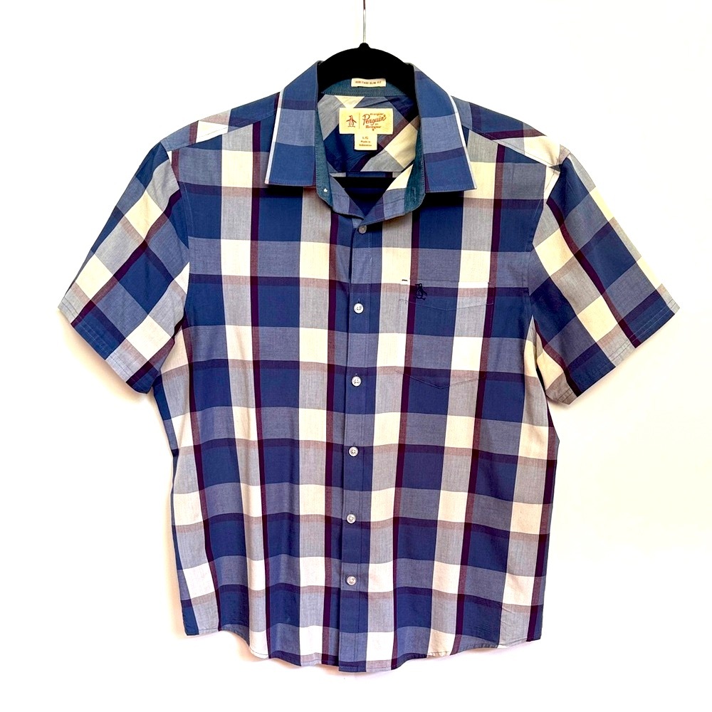 Original Penguin Navy, Plum and White Plaid Button Down Shirt